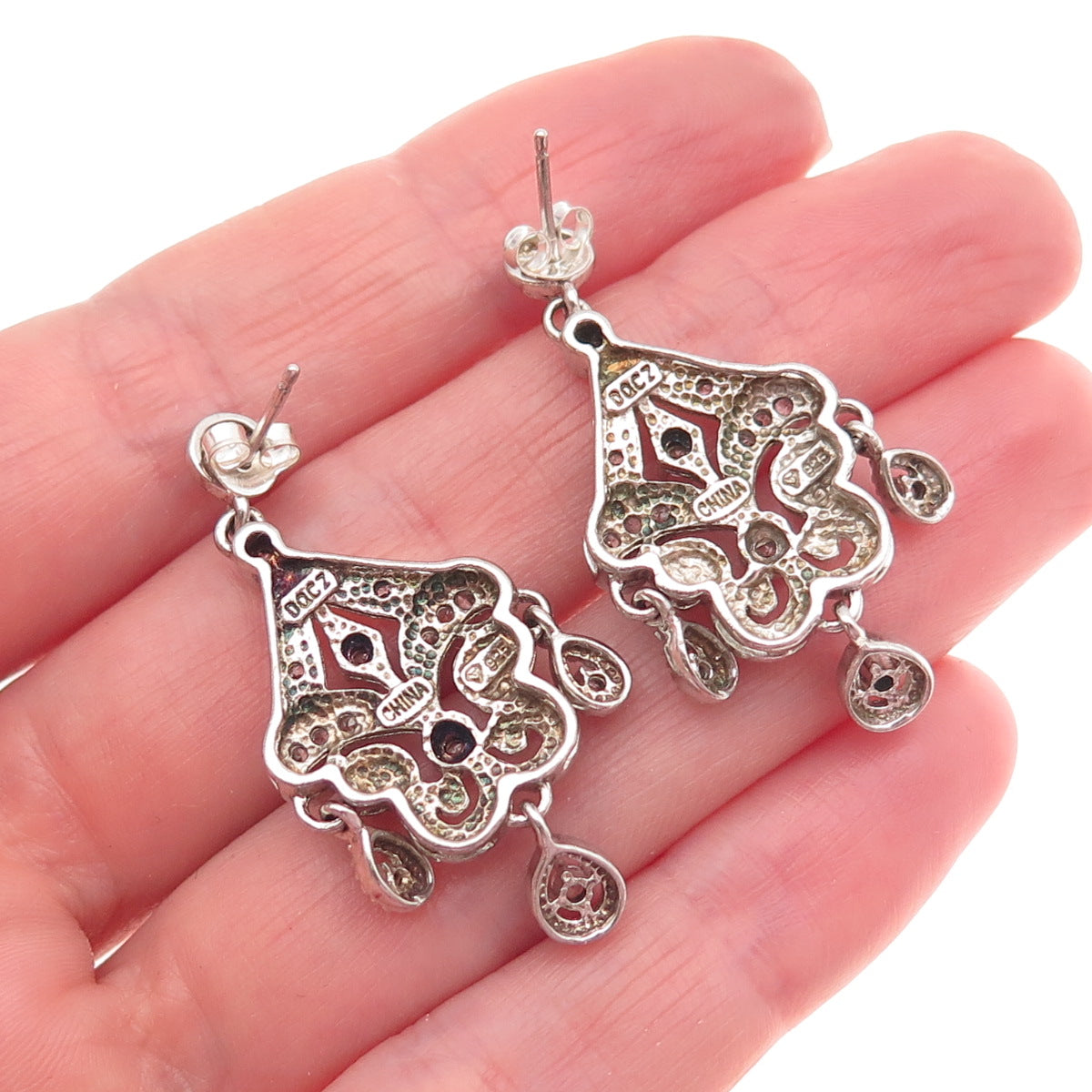 925 Sterling Silver Round-Cut C Z Fleur de Lis Dangle Earrings