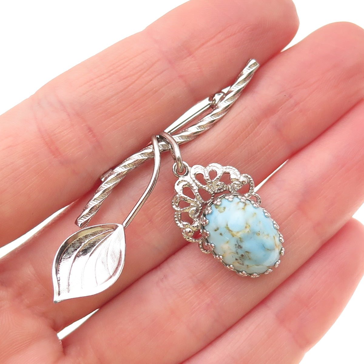 Spencer Co 925 Sterling Silver Antique Art Deco Faux Turquoise Floral Pin Brooch