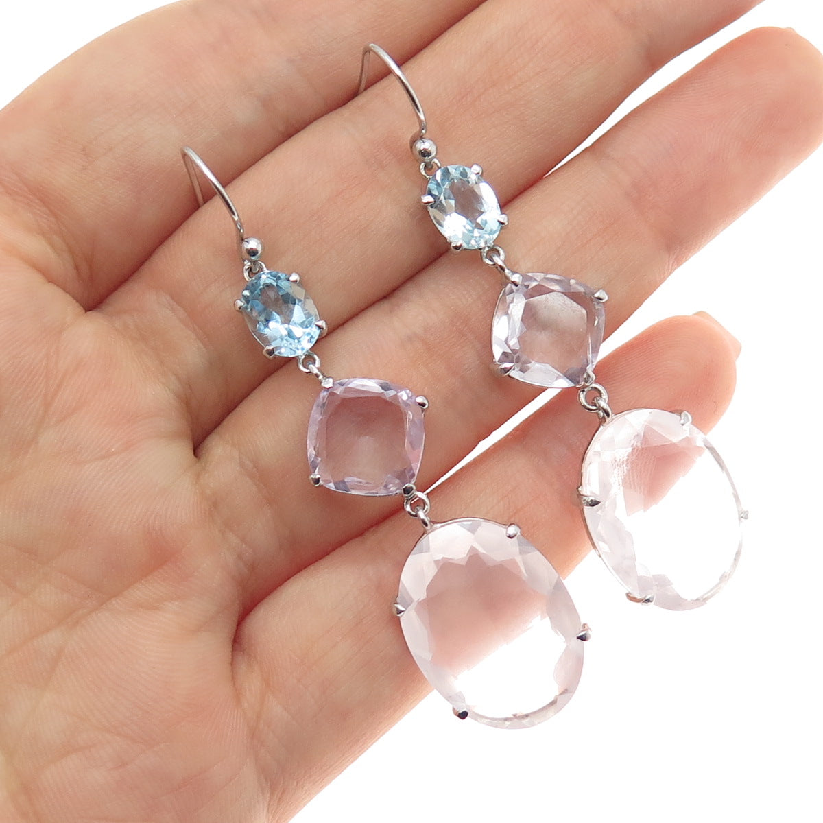 DSMK 925 Sterling Silver Real Rose Quartz Amethyst & Blue Topaz Dangle Earrings