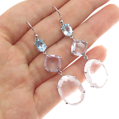 DSMK 925 Sterling Silver Real Rose Quartz Amethyst & Blue Topaz Dangle Earrings