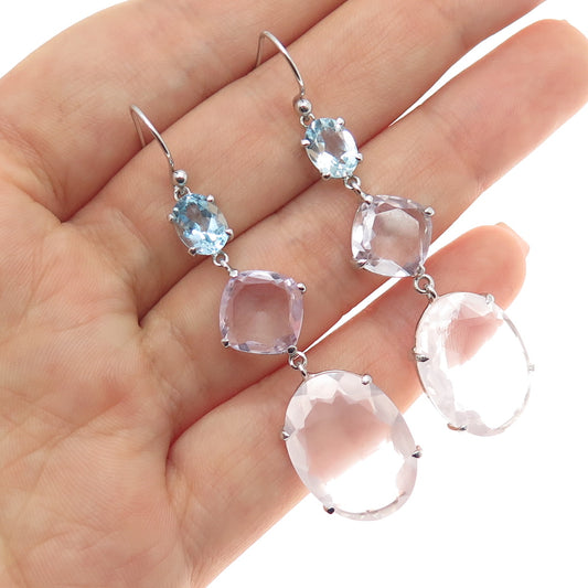 DSMK 925 Sterling Silver Real Rose Quartz Amethyst & Blue Topaz Dangle Earrings