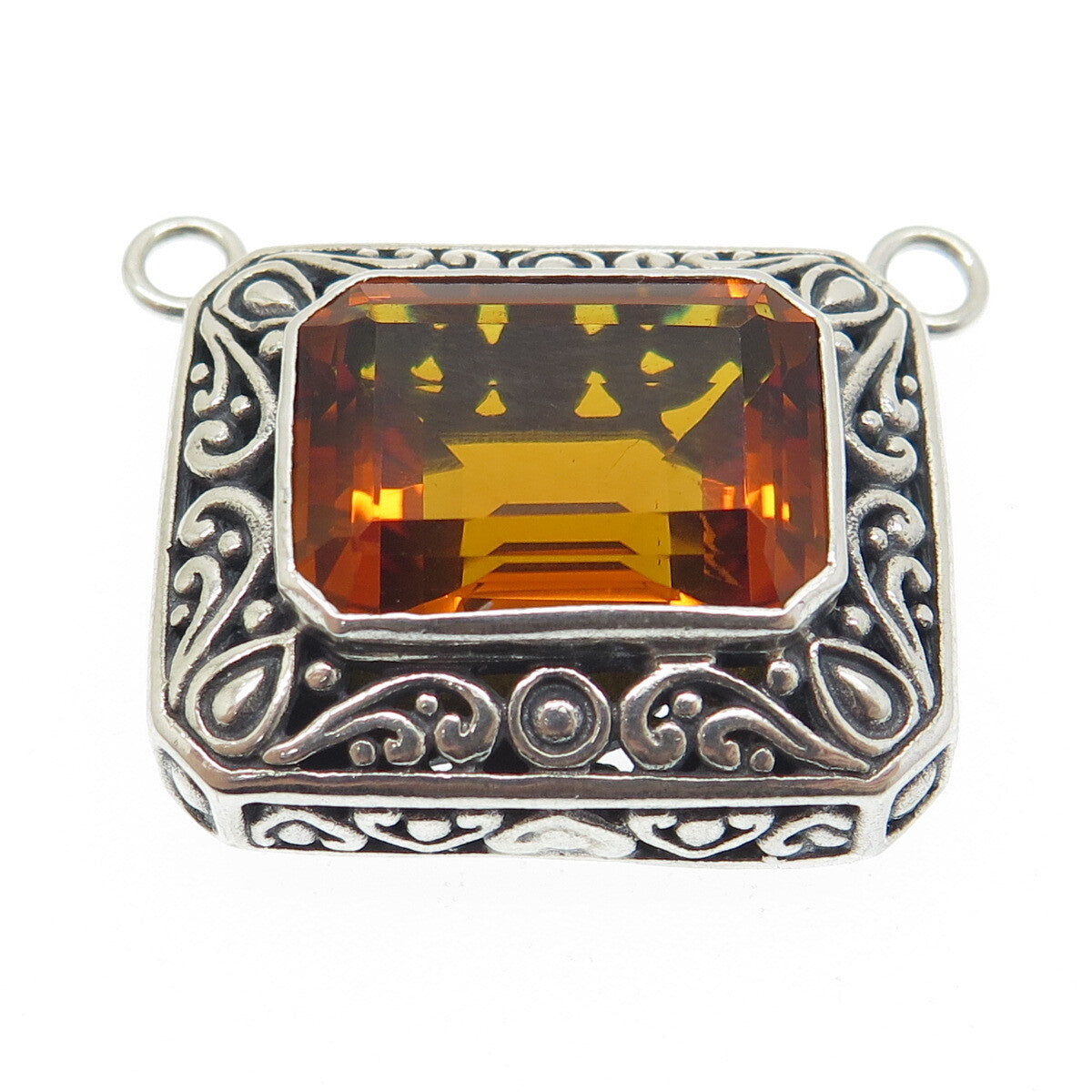 925 Sterling Silver Vintage Real Emerald-Cut Citrine Ornate Centerpiece Pendant