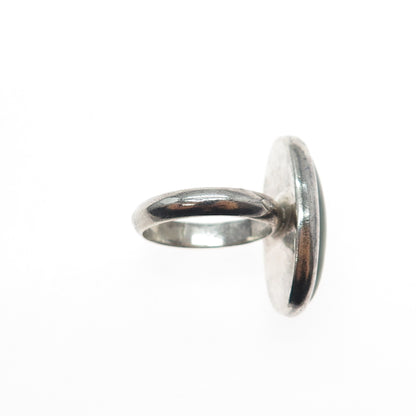 925 Sterling Silver Vintage Real Cabochon Green Agate Modernist Ring Size 6