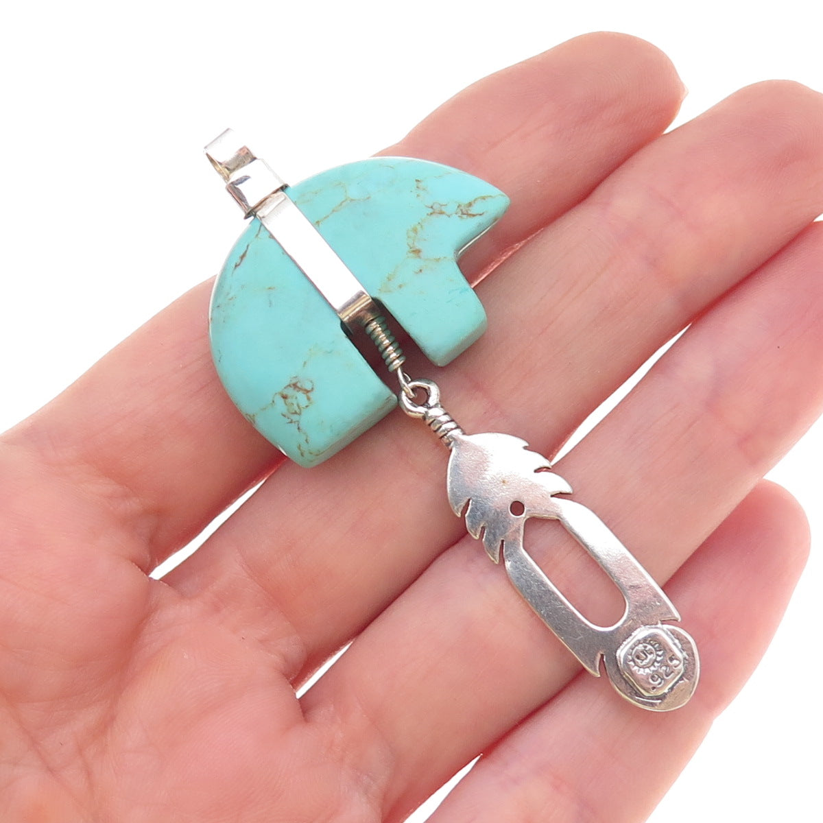 Sundancer Sterling Silver Vintage Southwestern Turquoise Bear & Feather Pendant
