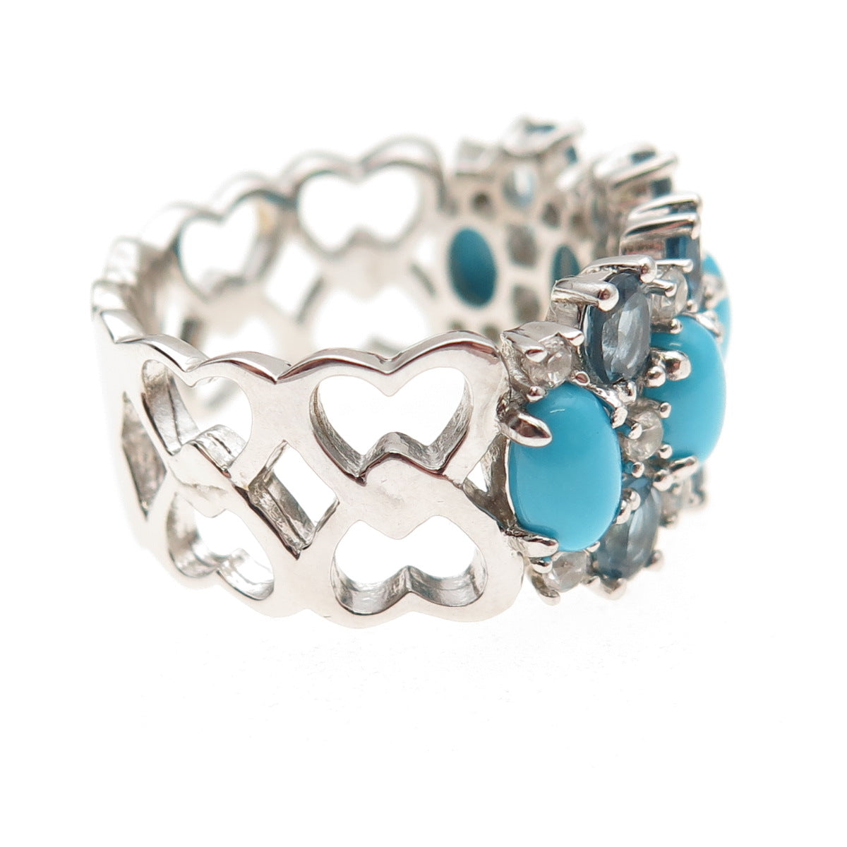 Pinctore Sterling Silver Real Turquoise London Blue & White Topaz Ring Size 8.25