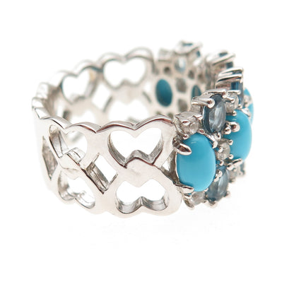 Pinctore Sterling Silver Real Turquoise London Blue & White Topaz Ring Size 8.25