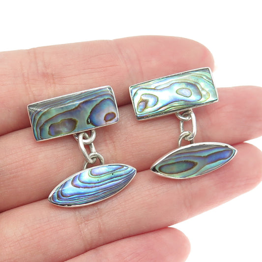 925 Sterling Silver Antique Art Deco Real Abalone Shell Chain Cufflinks