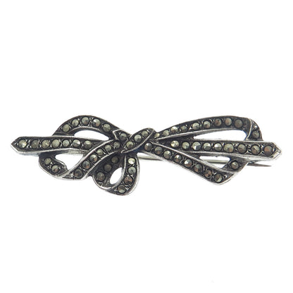 925 Sterling Silver Antique Art Deco Real Marcasite Gemstone Bow Pin Brooch