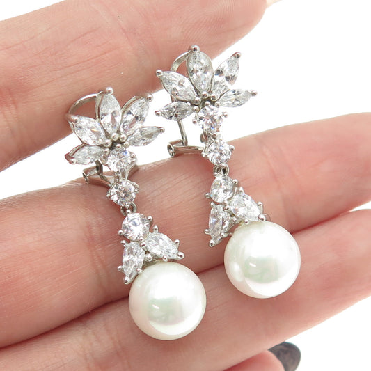 925 Sterling Silver Multi-Cut C Z & Faux Pearl Bohemian Omega Back Earrings