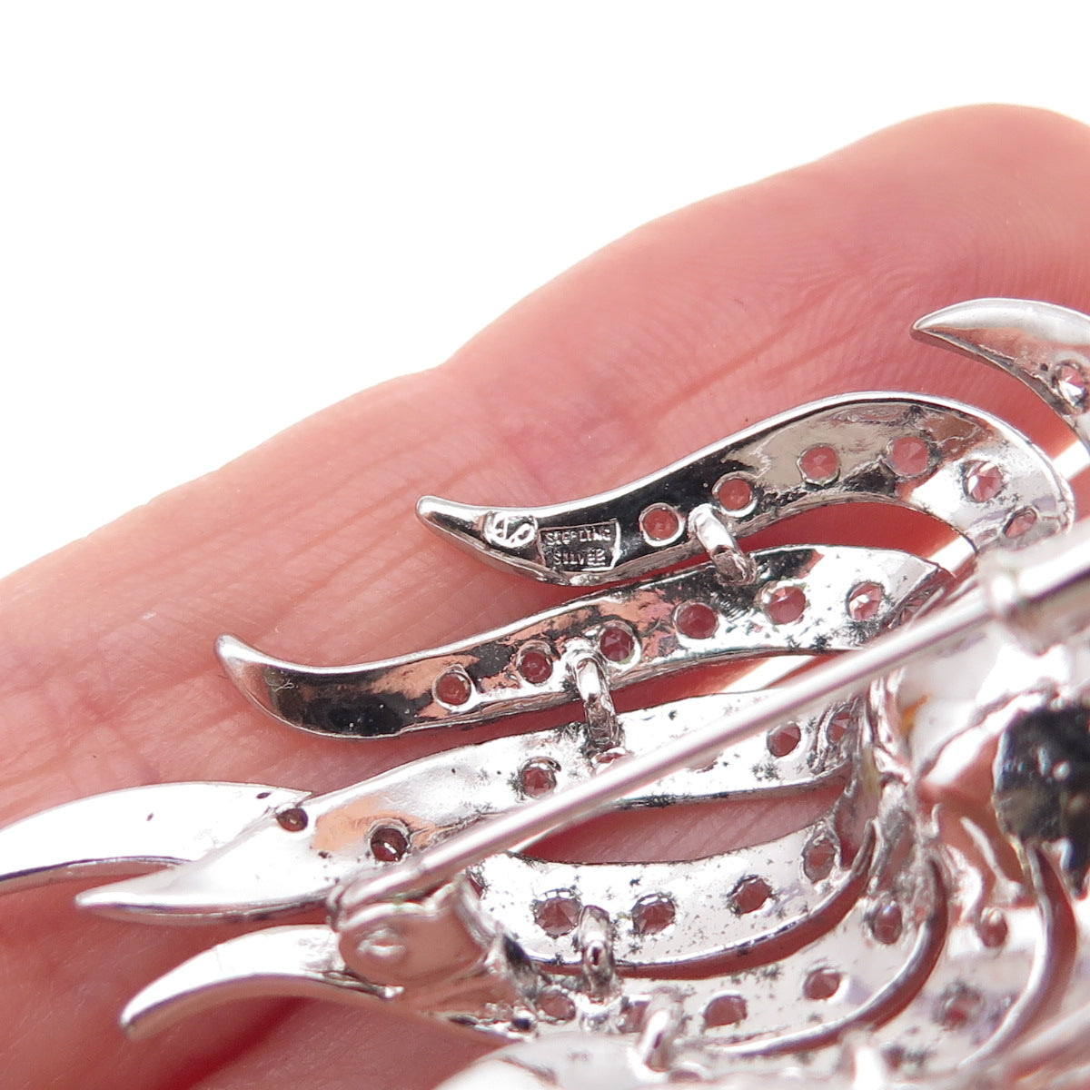 925 Sterling Silver Antique Art Deco Faux Pearl & Rhinestone Floral Pin Brooch
