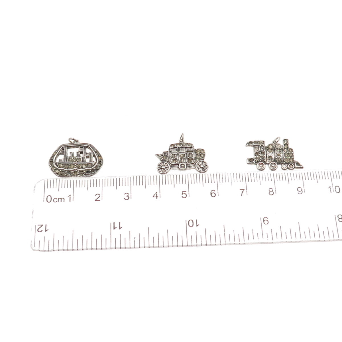 925 Sterling Antique Rhinestone Carriage Ship Train Pendants (missing 12 stones)