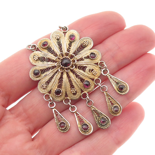 925 Sterling Gold Plated Vintage Real Garnet Filigree Floral Centerpiece Pendant