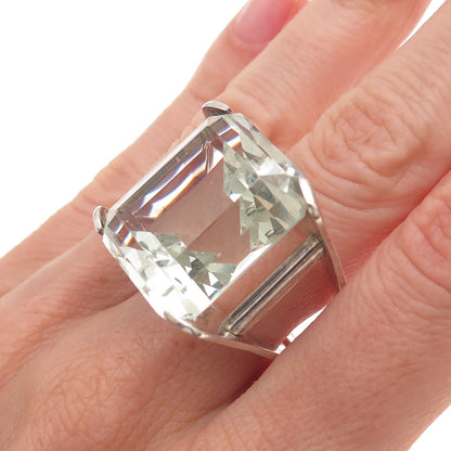 925 Sterling Silver Vintage Mexico Real Quartz Modernist Oxidized Ring Size 6
