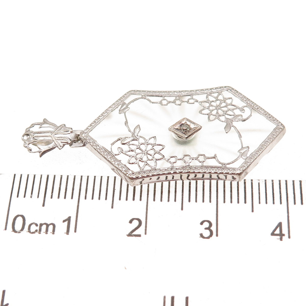 14K White Gold Antique Victorian Real Diamond Camphor Frosted Glass Pendant