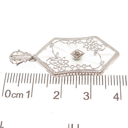 14K White Gold Antique Victorian Real Diamond Camphor Frosted Glass Pendant