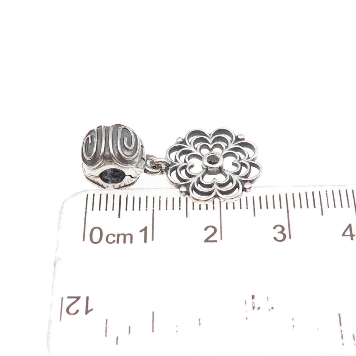 Pandora 925 Sterling Silver Round-Cut Black C Z Dogwood Dangle Clip Charm