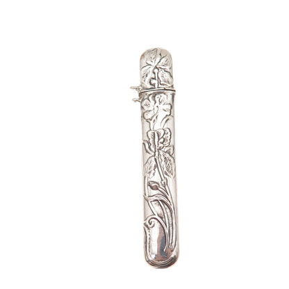 925 Sterling Silver Vintage Floral Repousse Oxidized Needle Case