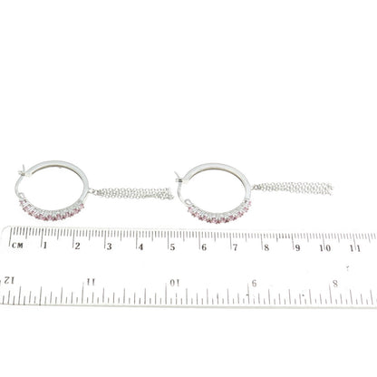 925 Sterling Silver Round-Cut Pink C Z Tassel Hoop Earrings