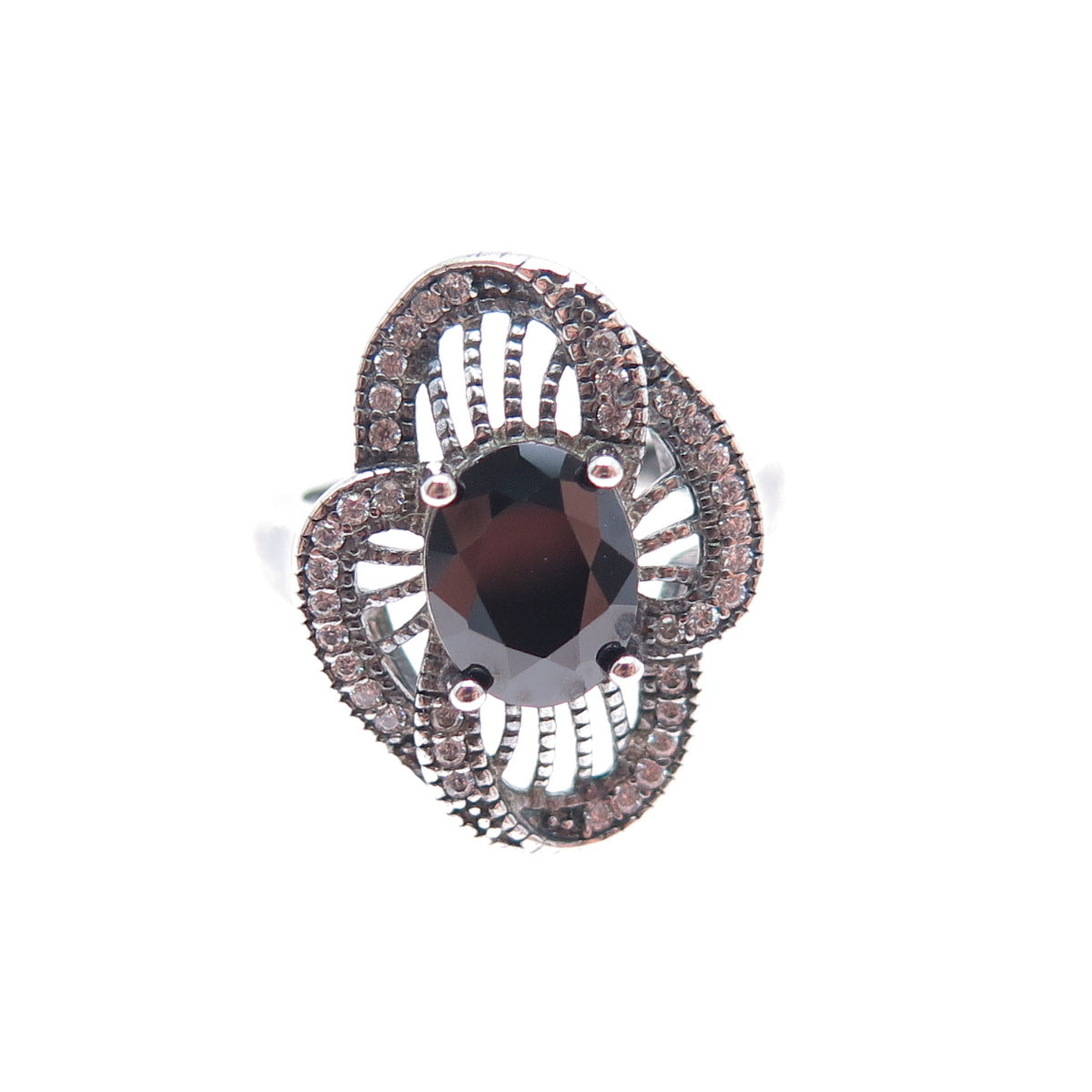925 Sterling Silver Vintage Real Black Spinel & C Z Flower Oxidized Ring Size 6
