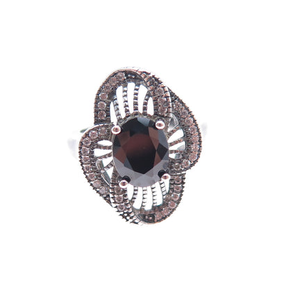 925 Sterling Silver Vintage Real Black Spinel & C Z Flower Oxidized Ring Size 6