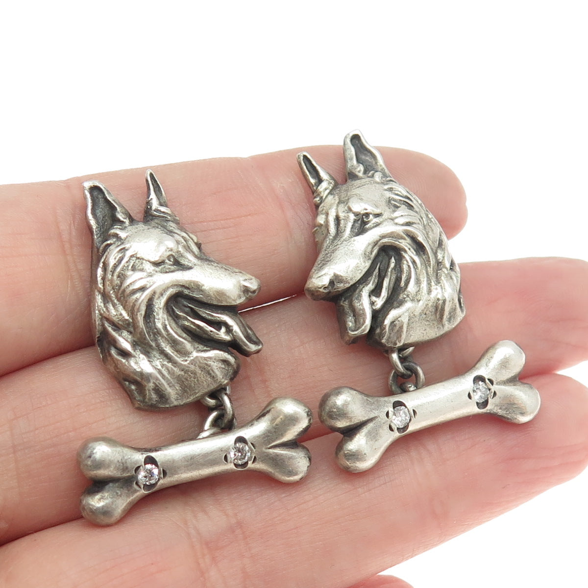 925 Sterling Silver Vintage Real Round-Cut Diamond K9 German Shepherd Cufflinks