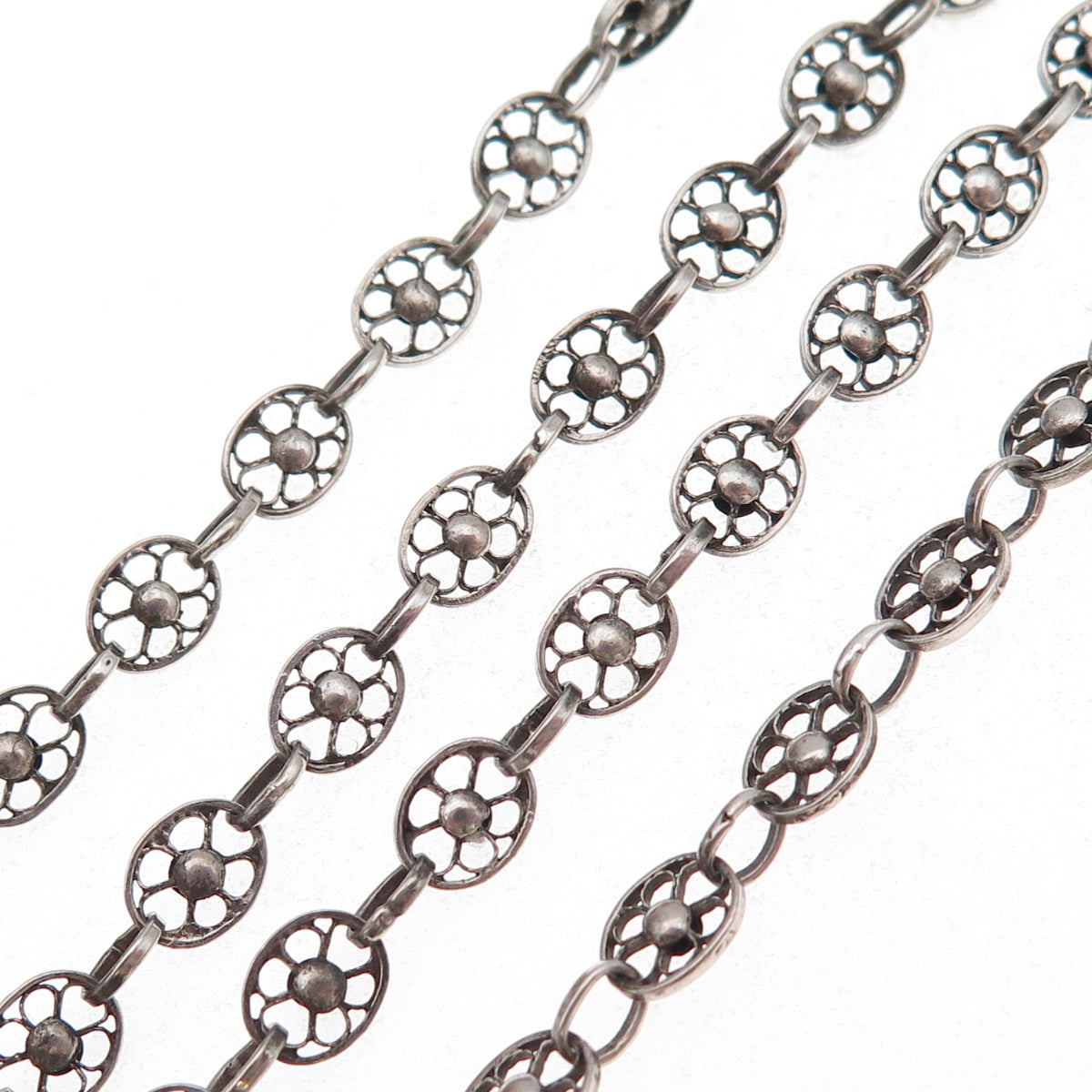925 Sterling Silver Antique Art Deco Floral Filigree Necklace 28" (missing lock)