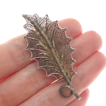 925 Sterling Silver Gold Plated Vintage Filigree Leaf Pin Brooch