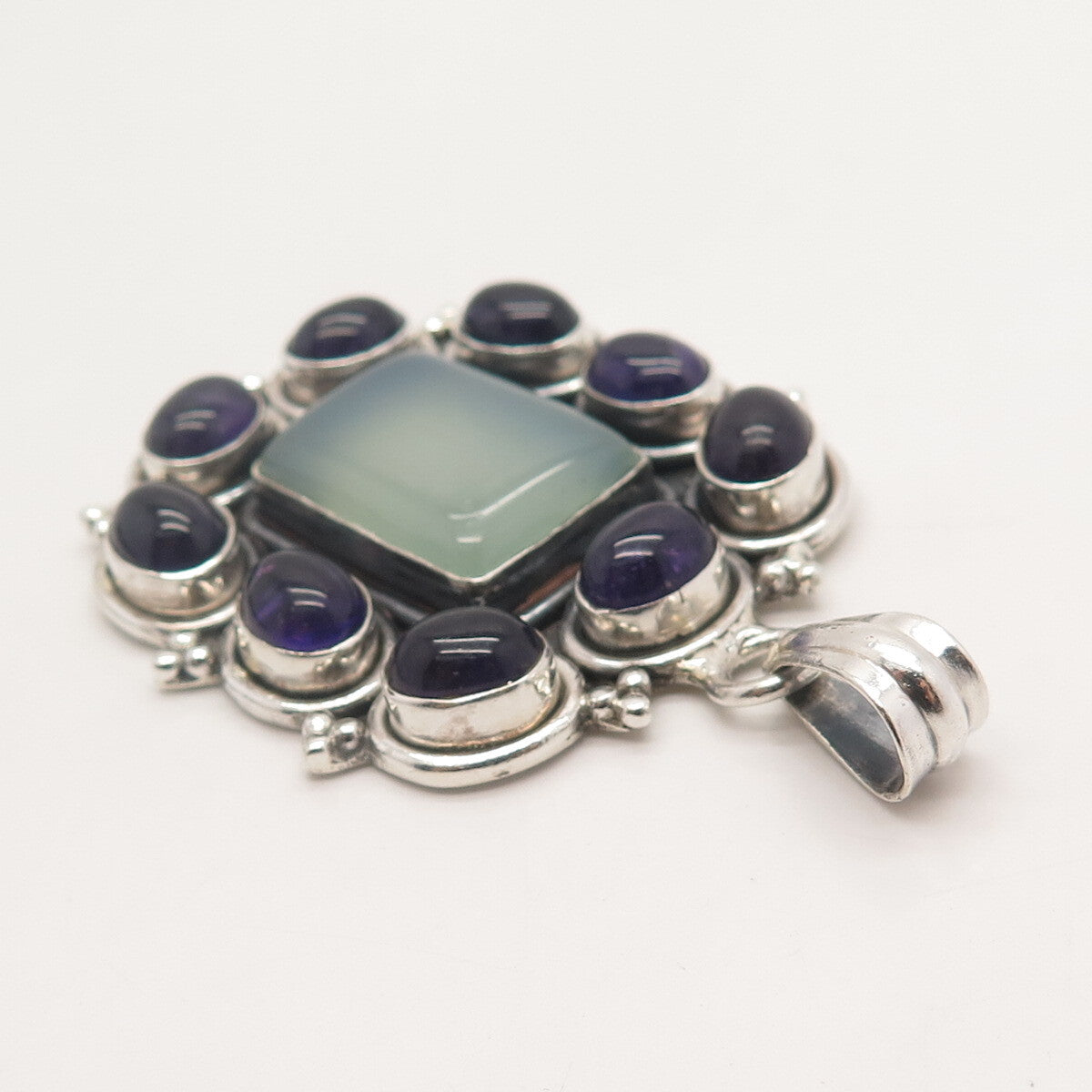 925 Sterling Silver Vintage Real Amethyst & Blue Chalcedony Gem Beaded Pendant