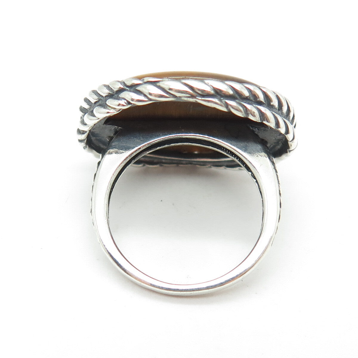 925 Sterling Silver Vintage Real Tiger Eye Modernist Roped Ring Size 7