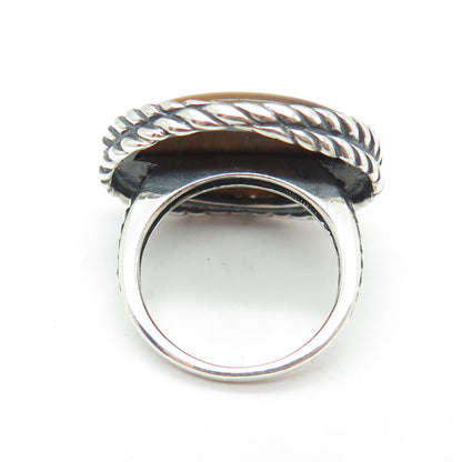925 Sterling Silver Vintage Real Tiger Eye Modernist Roped Ring Size 7