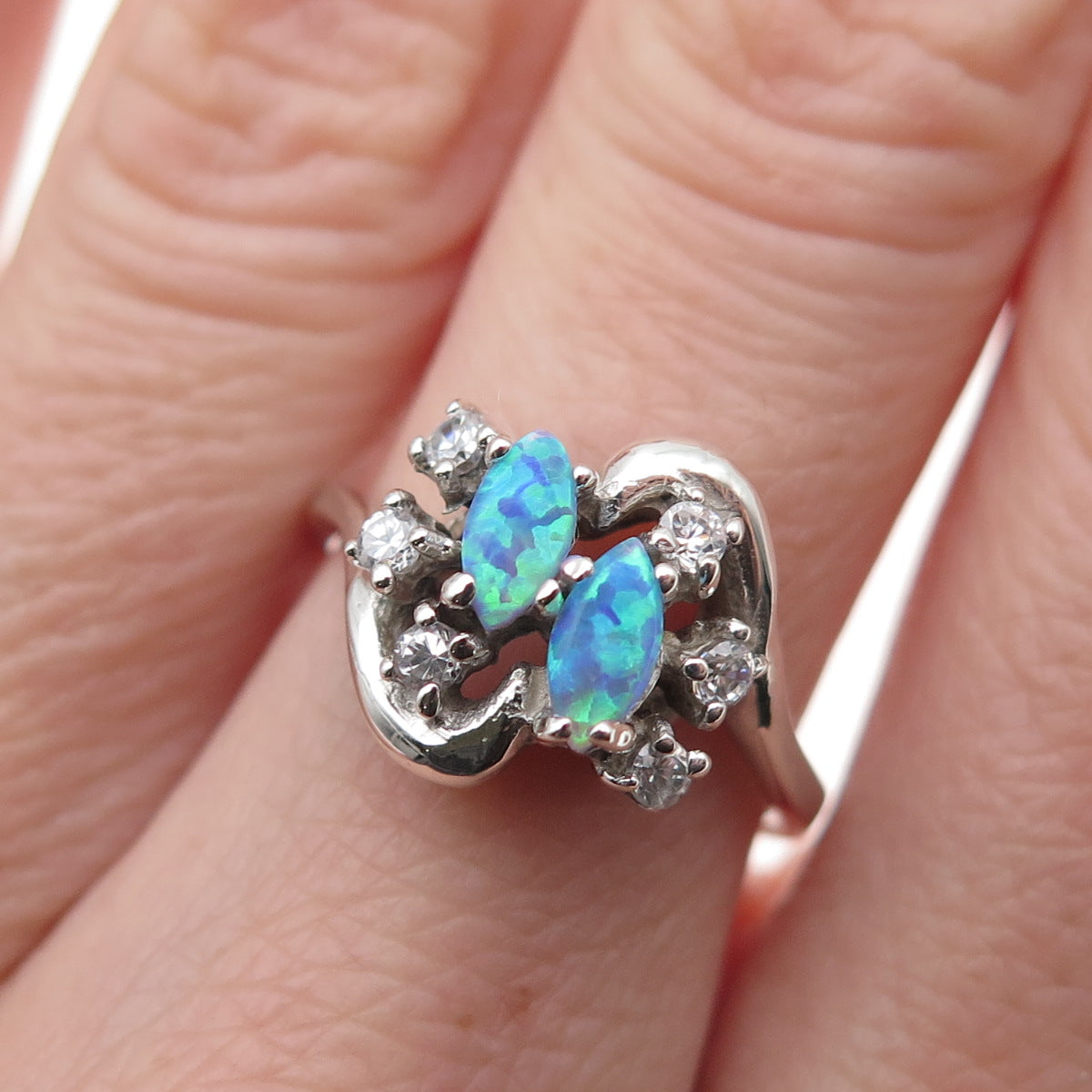 925 Sterling Silver Real Opal & C Z Ring Size 6.25