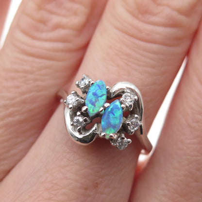 925 Sterling Silver Real Opal & C Z Ring Size 6.25
