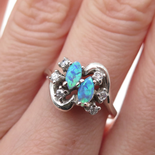 925 Sterling Silver Real Opal & C Z Ring Size 6.25