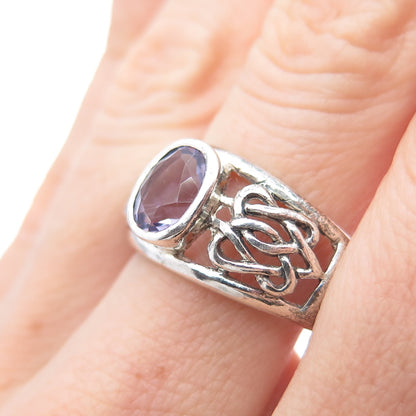 925 Sterling Silver Vintage Real Amethyst Celtic Knot Oxidized Ring Size 9