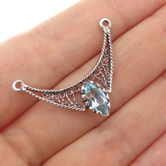 925 Sterling Silver Vintage Real Marquise-Cut Blue Topaz Centerpiece Pendant