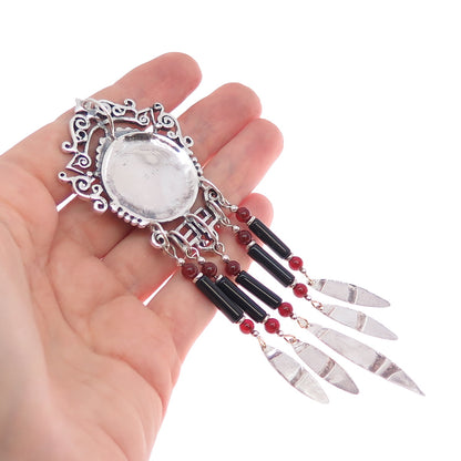 925 Sterling Silver Vintage Black Onyx & Carnelian Ethnic Oxidized Slide Pendant