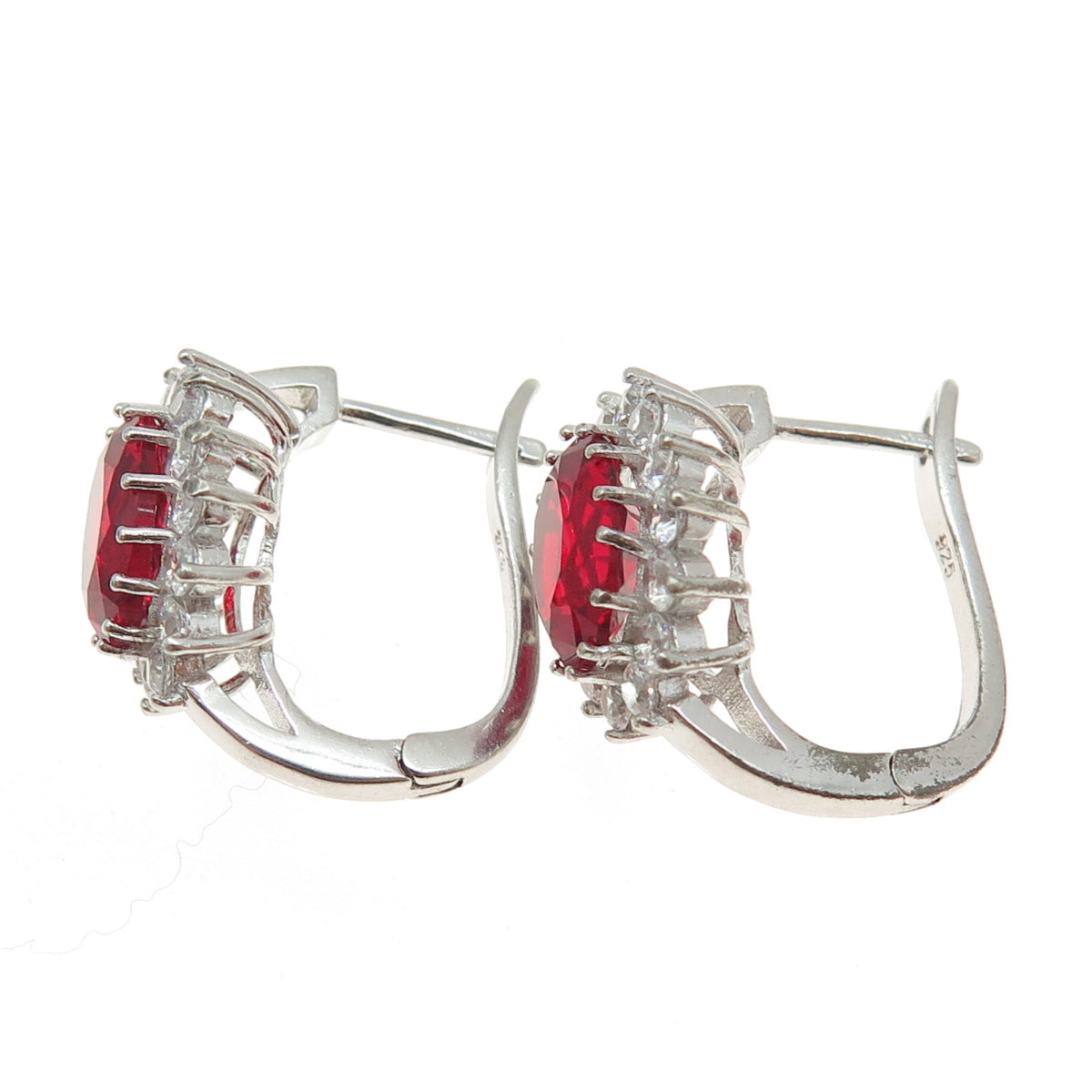 925 Sterling Silver Oval & Round-Cut Red & White C Z Floral Earrings