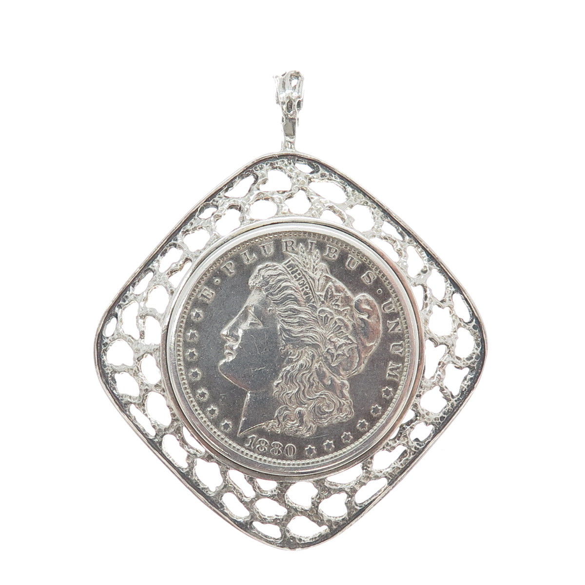 925 Sterling Frame 900 Silver Antique 1880 1 US Dollar "Morgan Dollar" Pendant