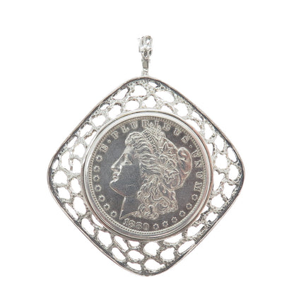 925 Sterling Frame 900 Silver Antique 1880 1 US Dollar "Morgan Dollar" Pendant