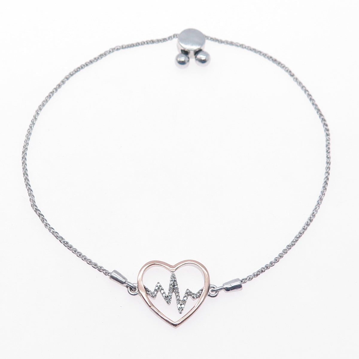 925 Sterling Silver 10K Gold Real Diamond Heartbeat Adjustable Bracelet 6-8.75"