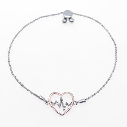 925 Sterling Silver 10K Gold Real Diamond Heartbeat Adjustable Bracelet 6-8.75"