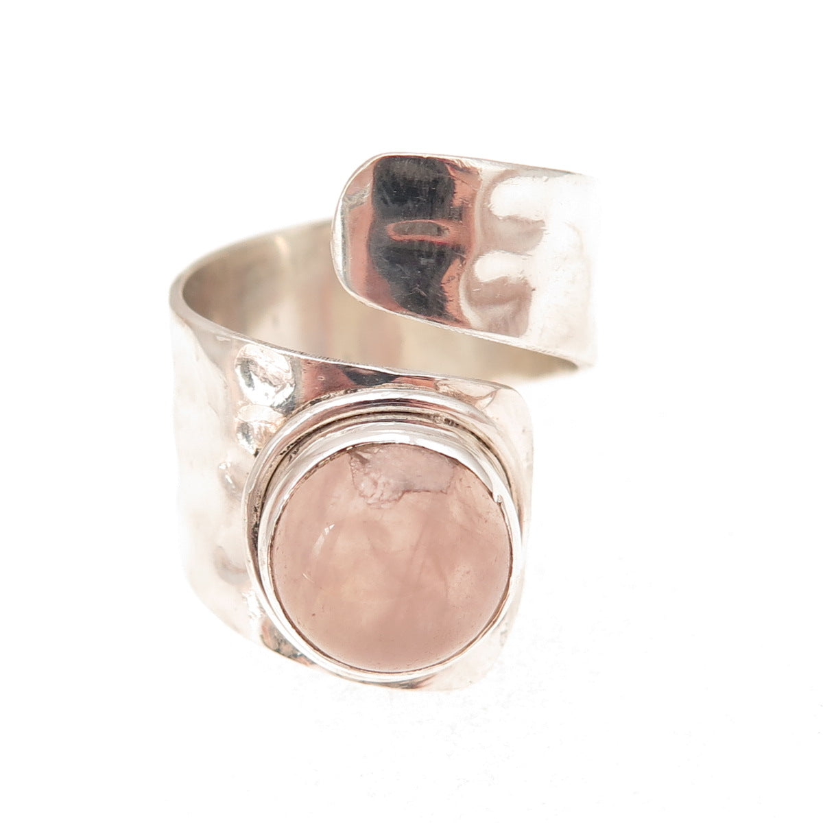 925 Sterling Silver Vintage Real Rose Quartz Modernist Adjustable Ring Size 7.25