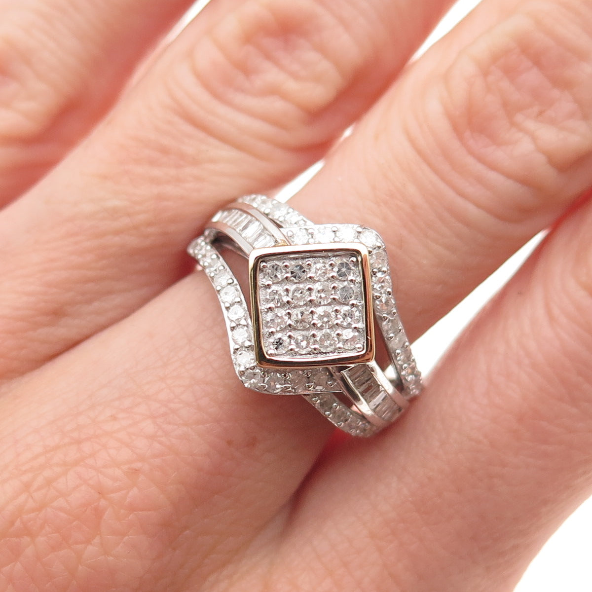 925 Sterling 14K Gold Real Round & Tapered Baguette-Cut Diamond Ring Size 7