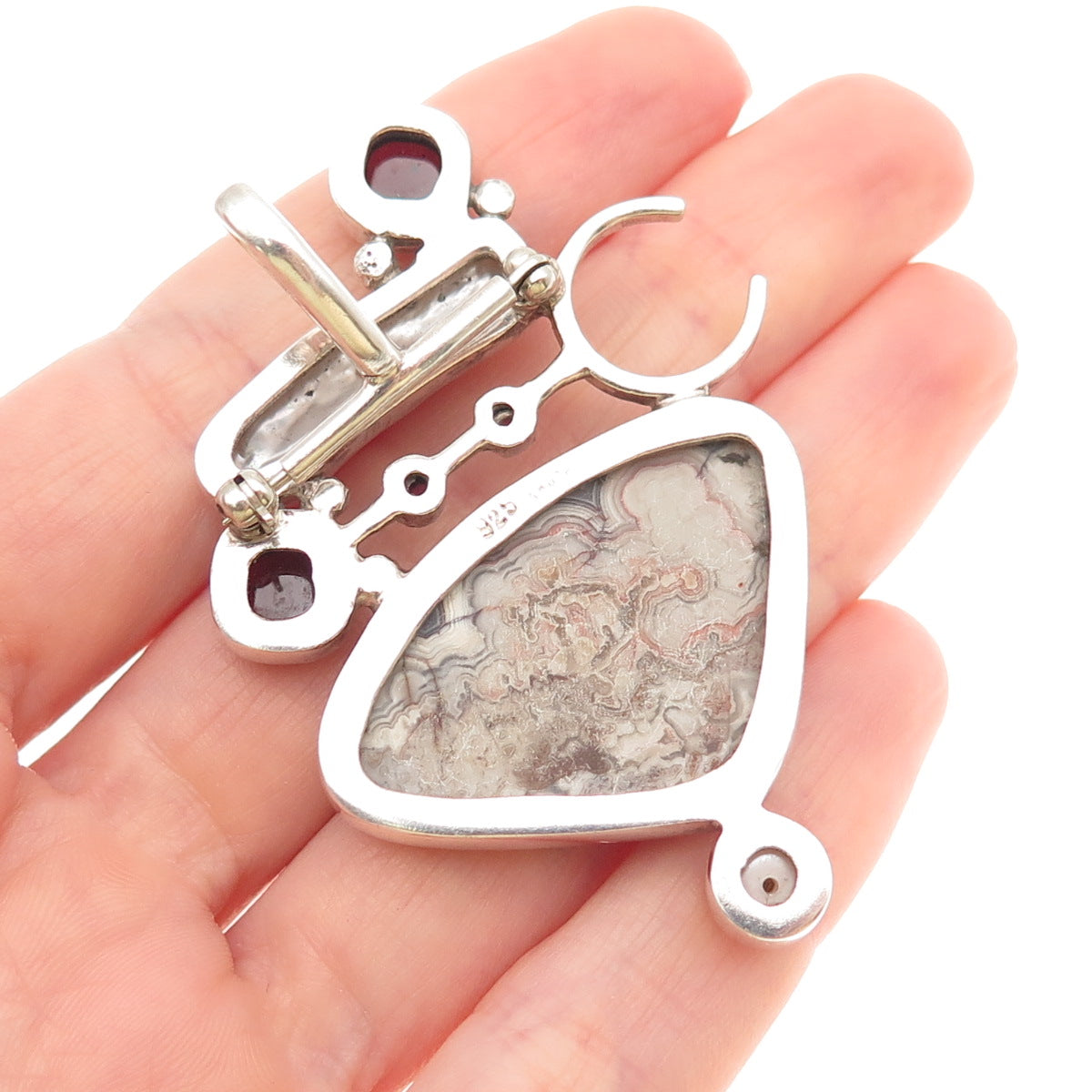 Som’s Sterling Vintage Real Agate Pearl Rhodonite Modernist Pin Brooch / Pendant