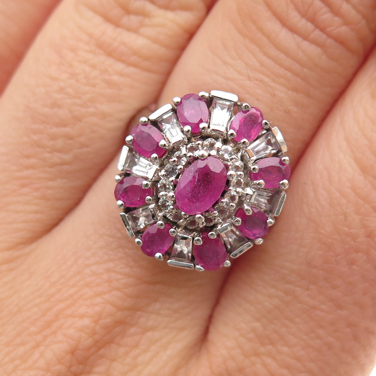 925 Sterling Silver Real Pink Sapphire & White Topaz Bohemian Ring Size 6