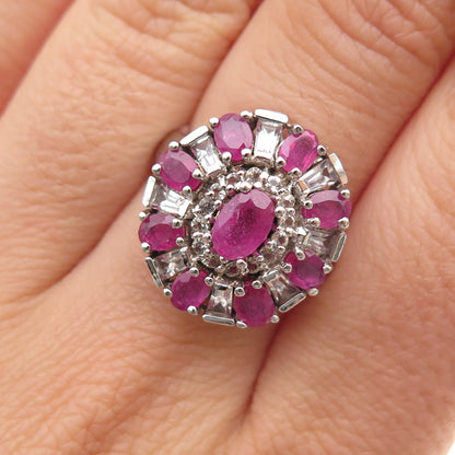 925 Sterling Silver Real Pink Sapphire & White Topaz Bohemian Ring Size 6