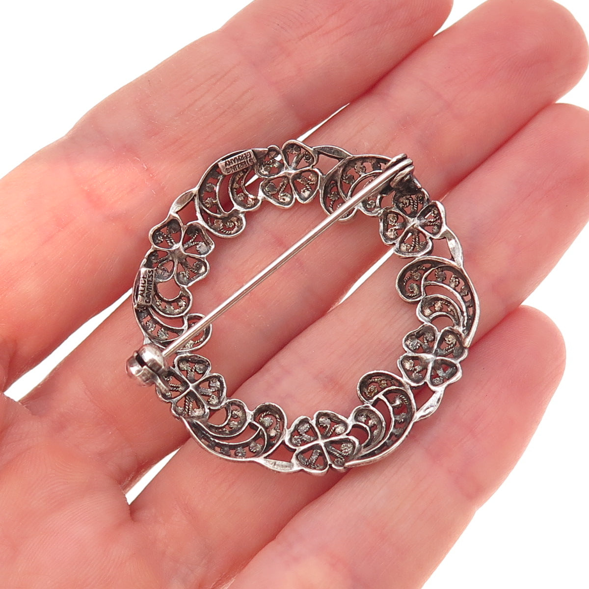 Alice Caviness 925 Sterling Antique Art Deco Germany Floral Oxidized Pin Brooch