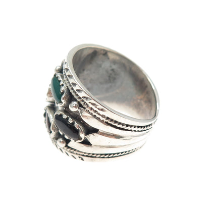 925 Sterling Silver Vintage Real Black & Green Onyx Carnelian Ring Size 9.25