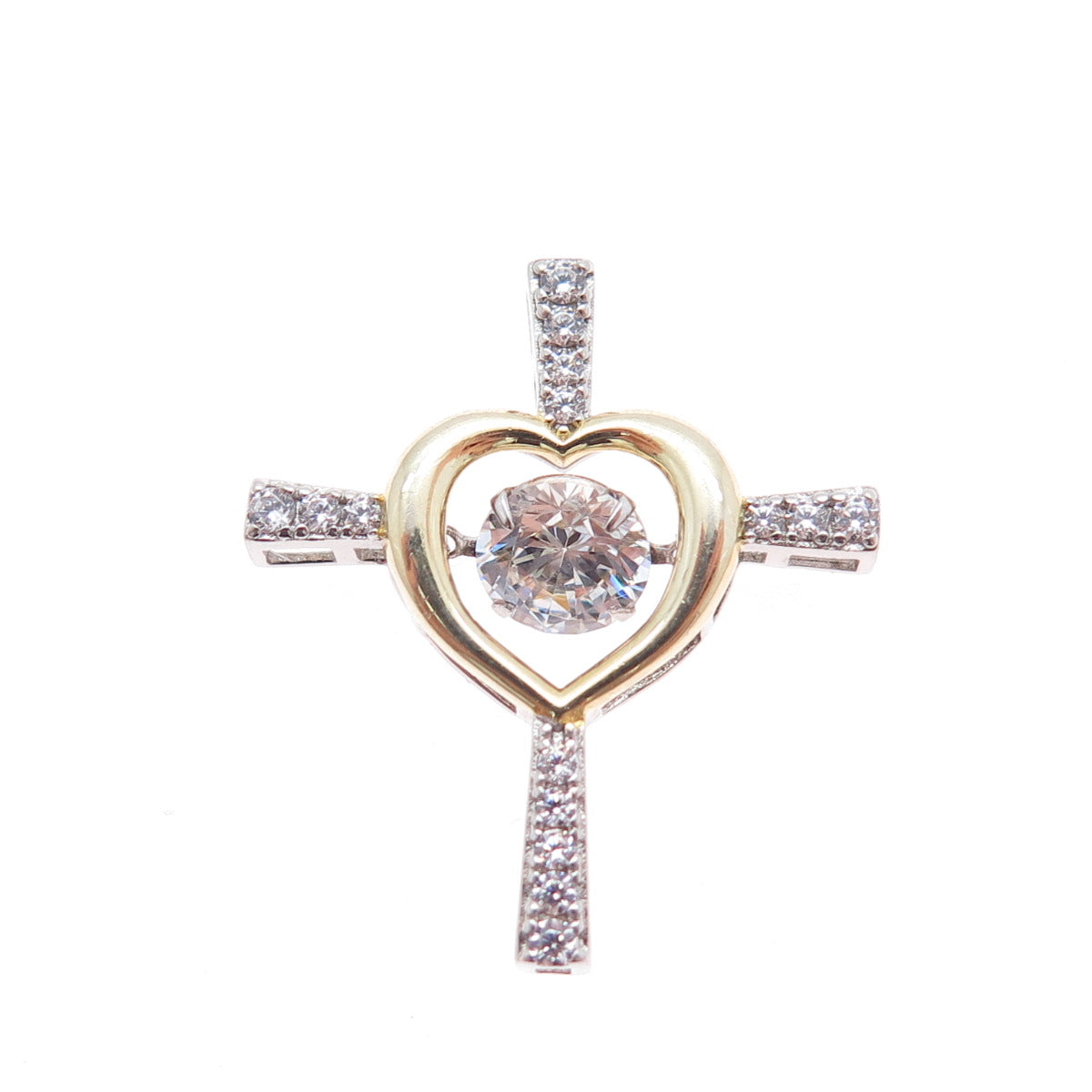 925 Sterling Silver 2-Tone Round-Cut C Z Heart Cross Minimalist Slide Pendant