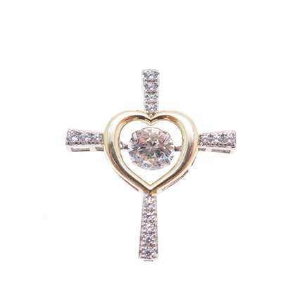 925 Sterling Silver 2-Tone Round-Cut C Z Heart Cross Minimalist Slide Pendant